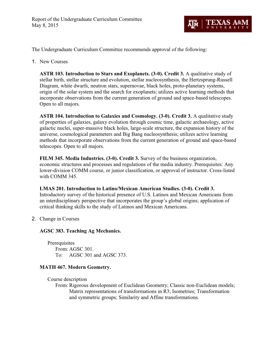 Report of the Undergraduate Curriculum Committee