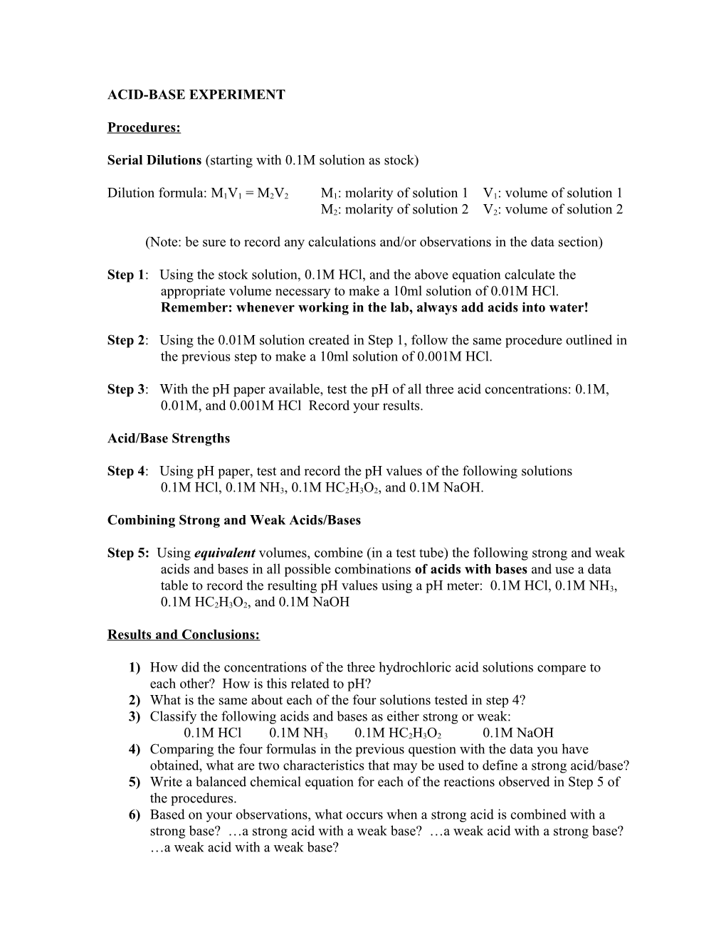 Acid-Base Experiment