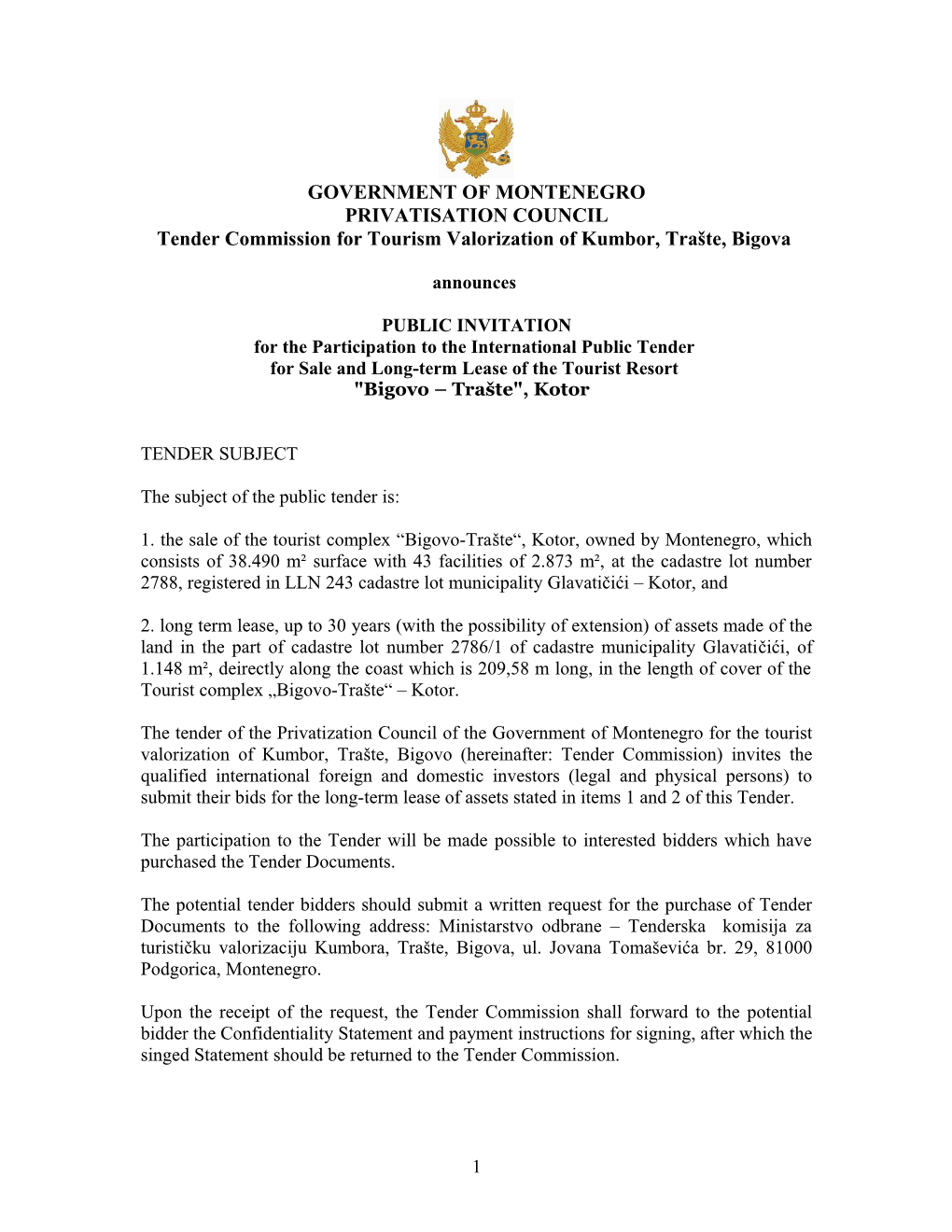 Tender Commission for Tourism Valorization of Kumbor, Trašte, Bigova