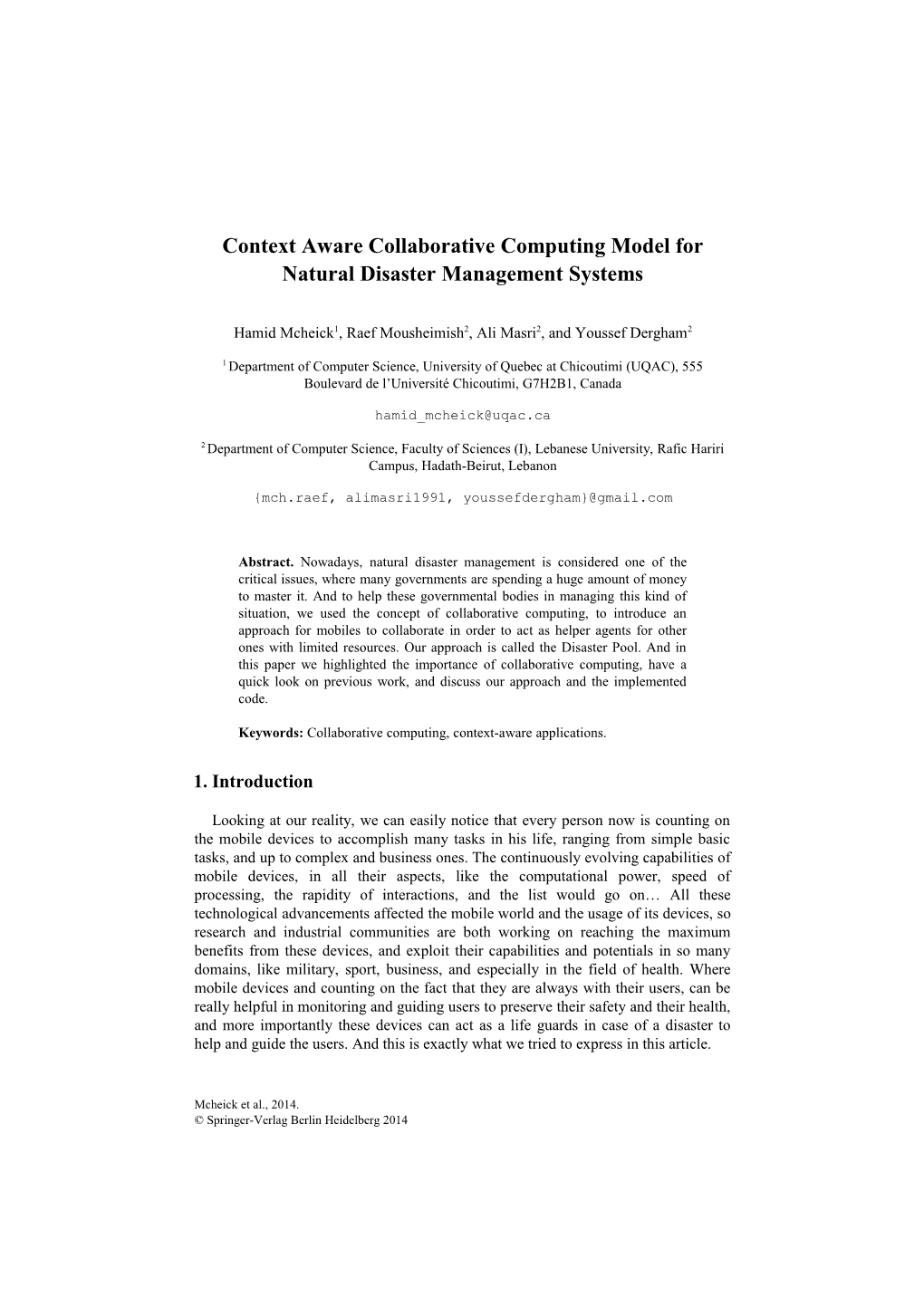 Context Aware Collaborative Computing Model for Natural Disaster Management Systems