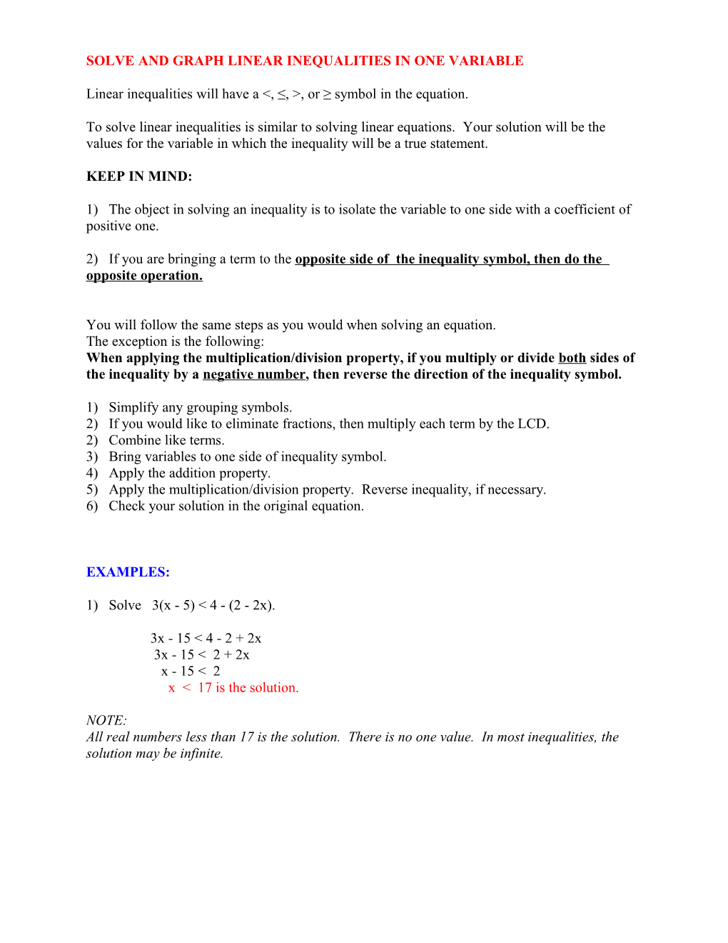 Solve and Graph Linear Inequalities in One Variable