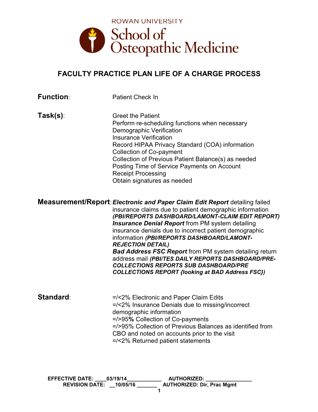 Faculty Practice Plan Life of a Charge Process