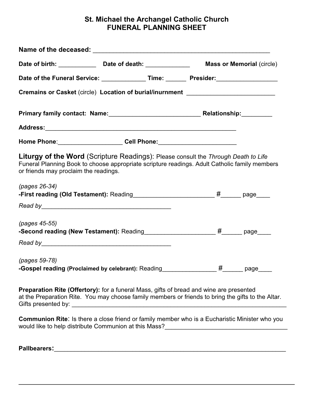 Funeral Planning Sheet