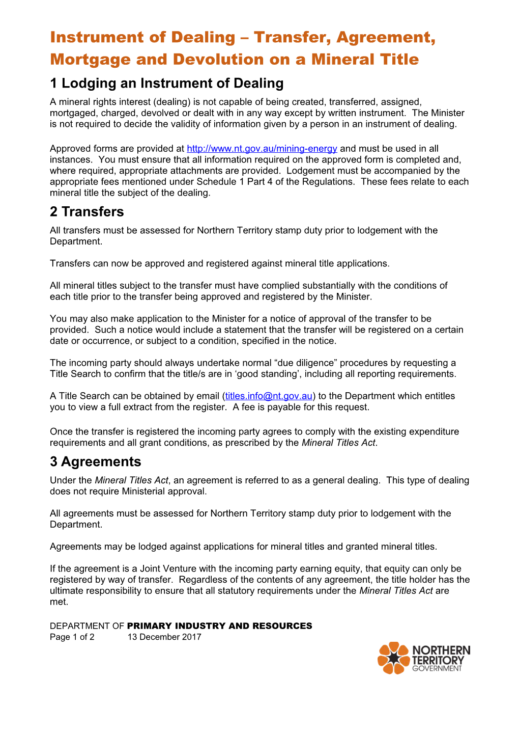 Instrument of Dealing Transfer, Agreement, Mortgage and Devolution on a Mineral Title