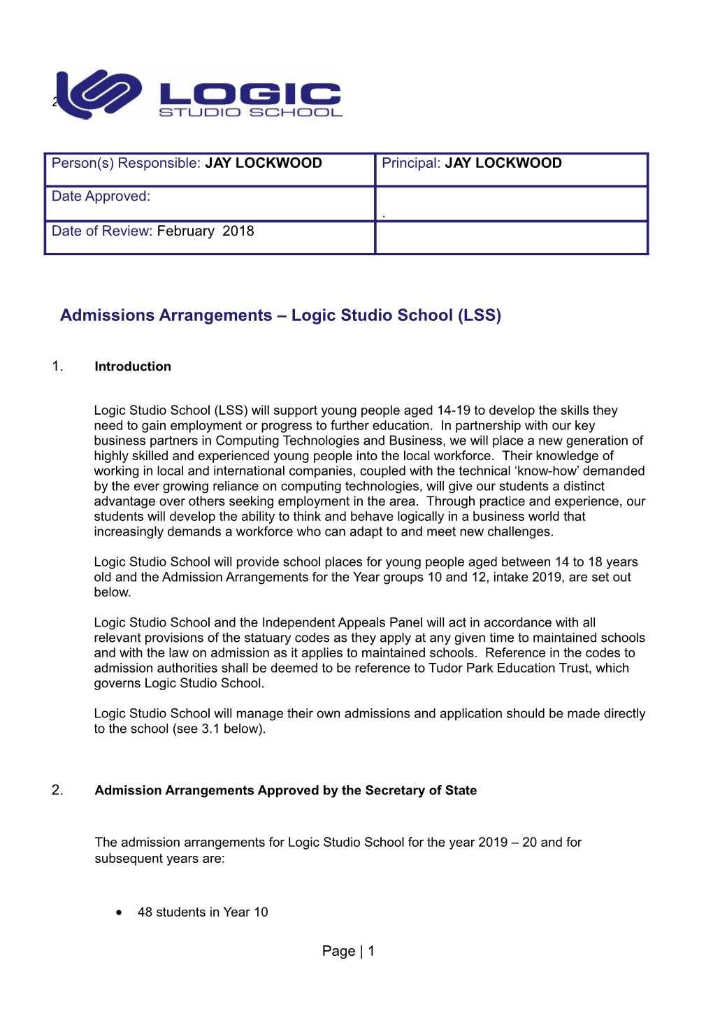 Admissions Arrangements Logic Studio School (LSS)