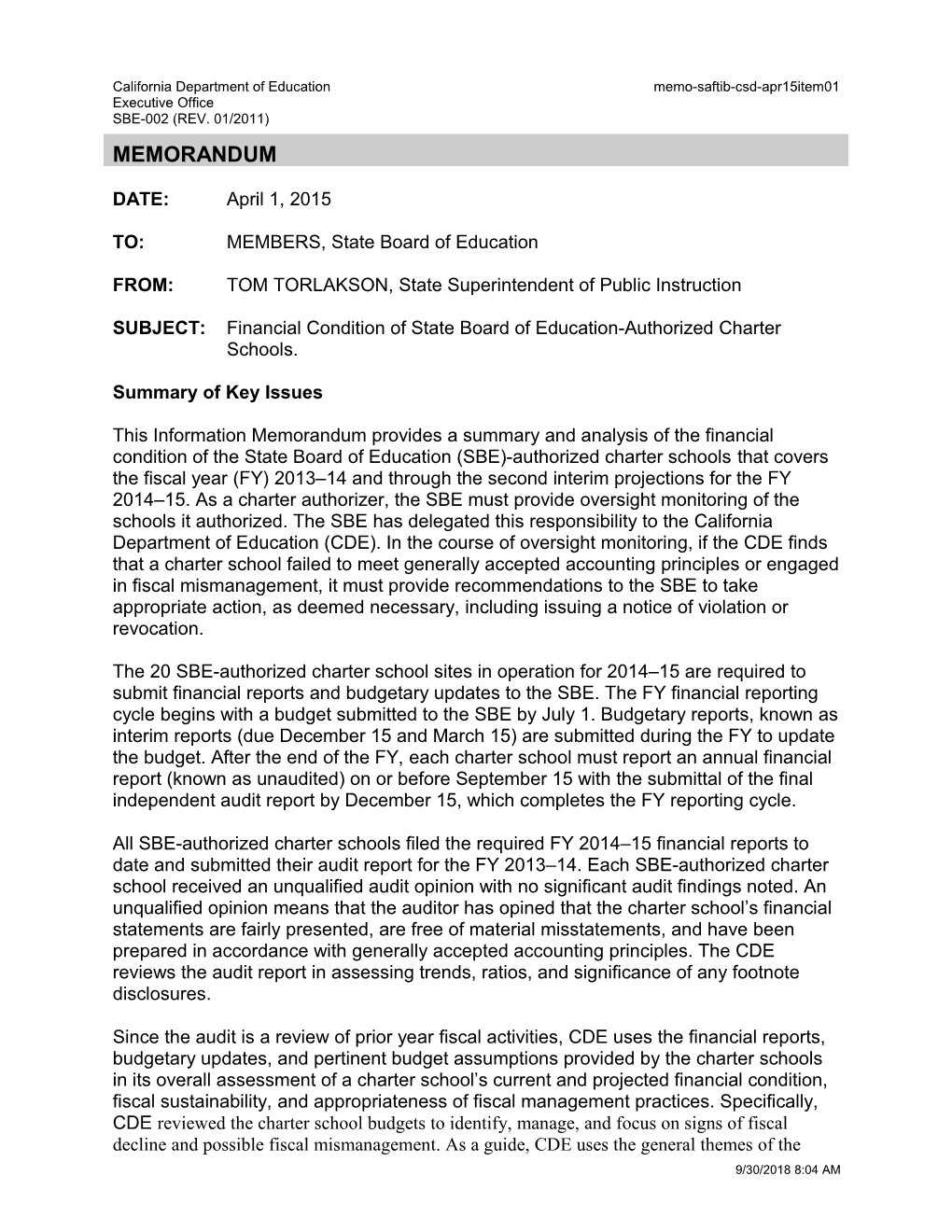 April 2015 SAFTIB CSD Item 01 - Information Memorandum (CA State Board of Education)