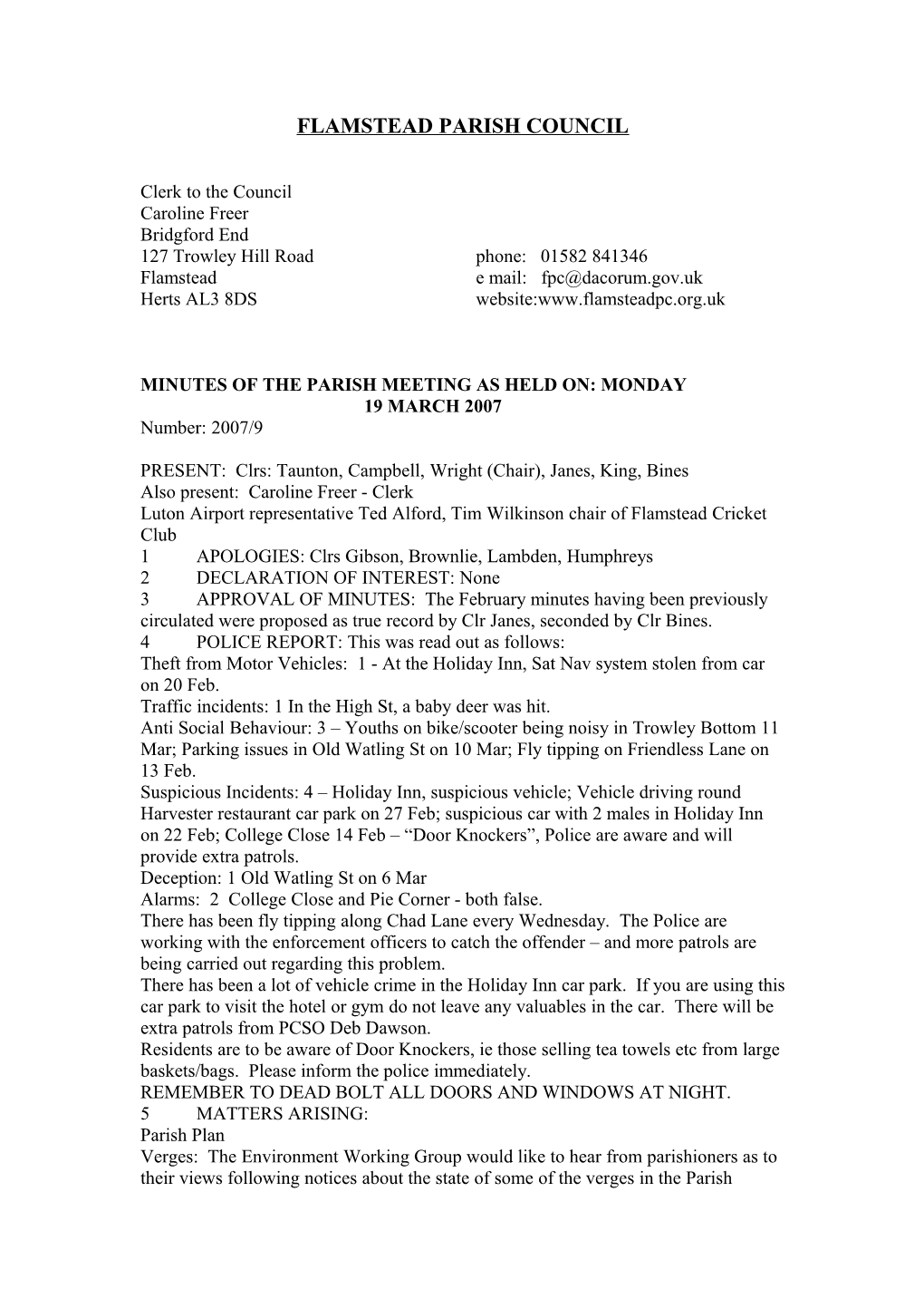 Clerk to Flamstead Parish Council