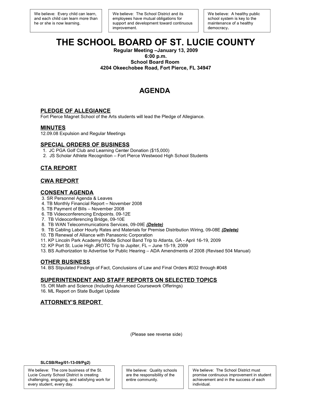 01-13-09 SLCSB Regular Meeting Agenda