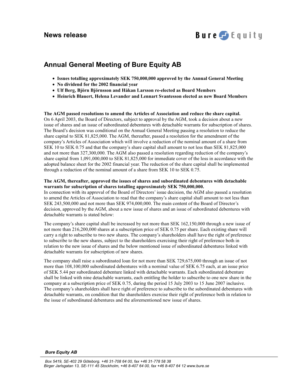 Annual General Meeting of Bure Equity AB