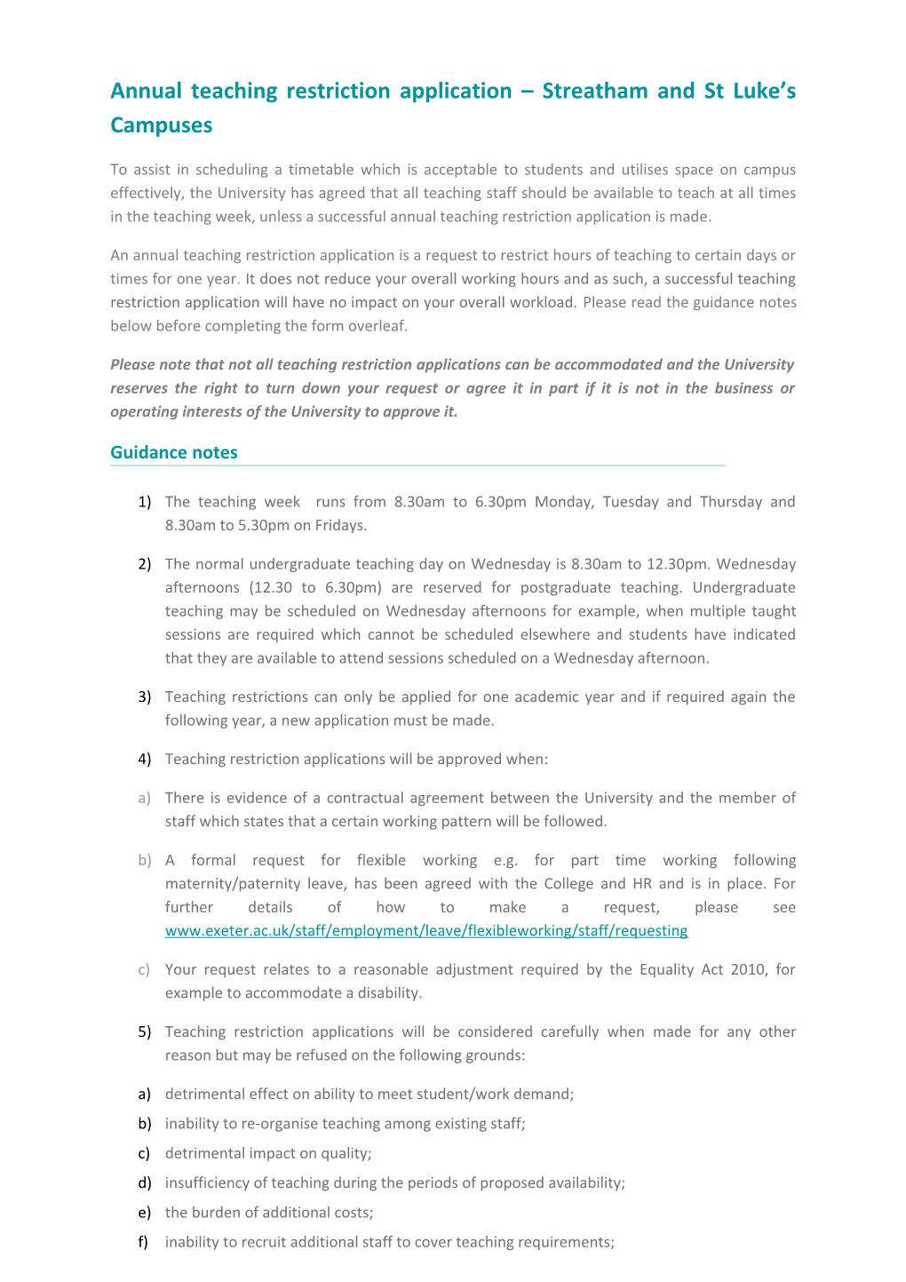 Annual Teaching Restriction Application Streatham and St Luke S Campuses