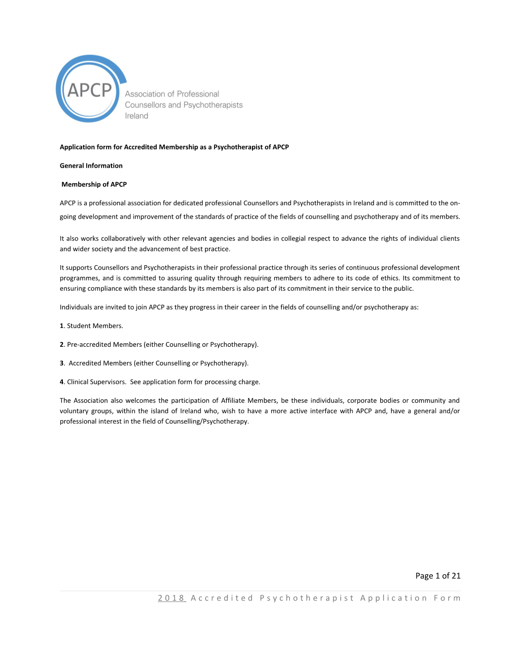 Application Form Foraccredited Membership As a Psychotherapistof APCP