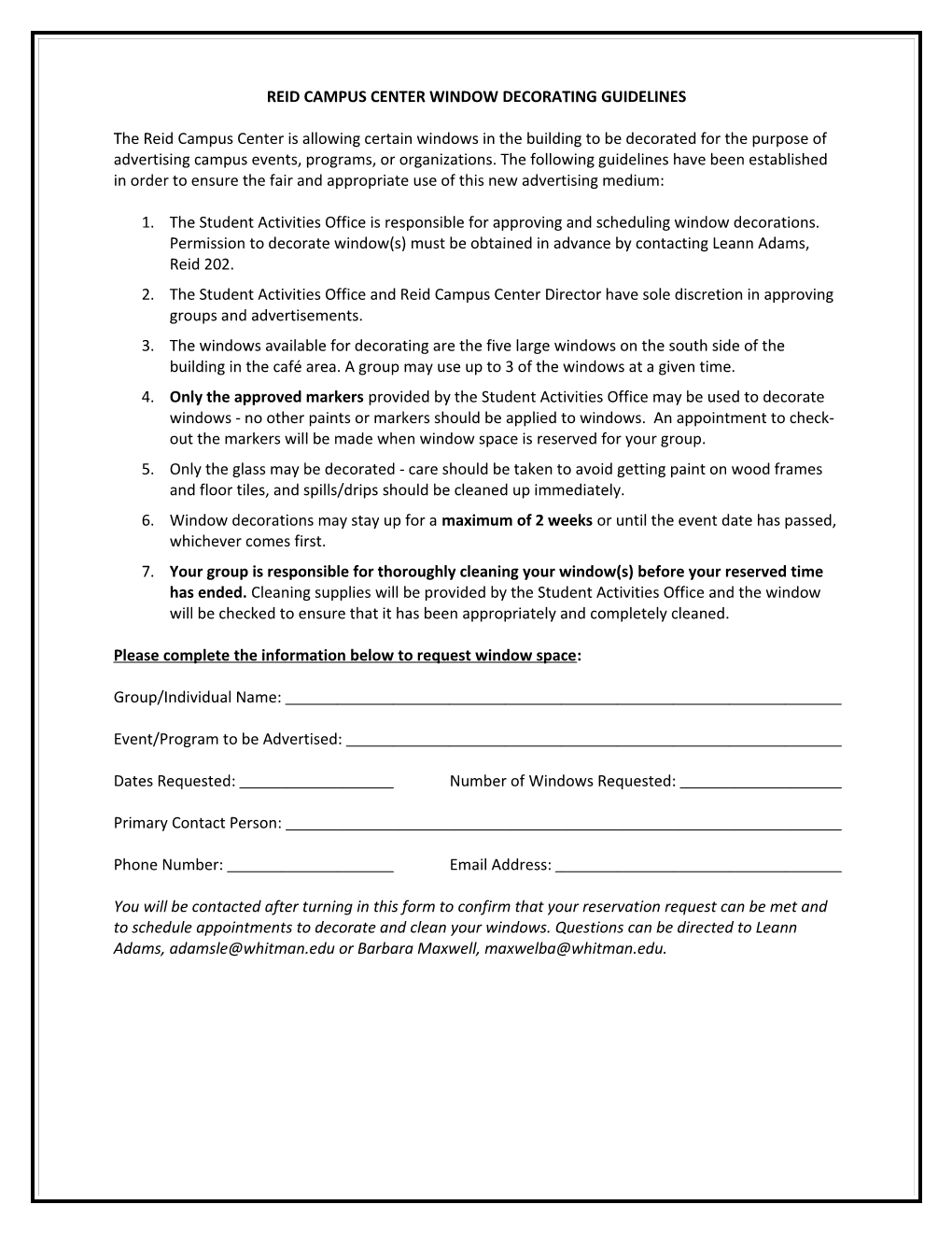 Reid Campus Center Window Decorating Guidelines