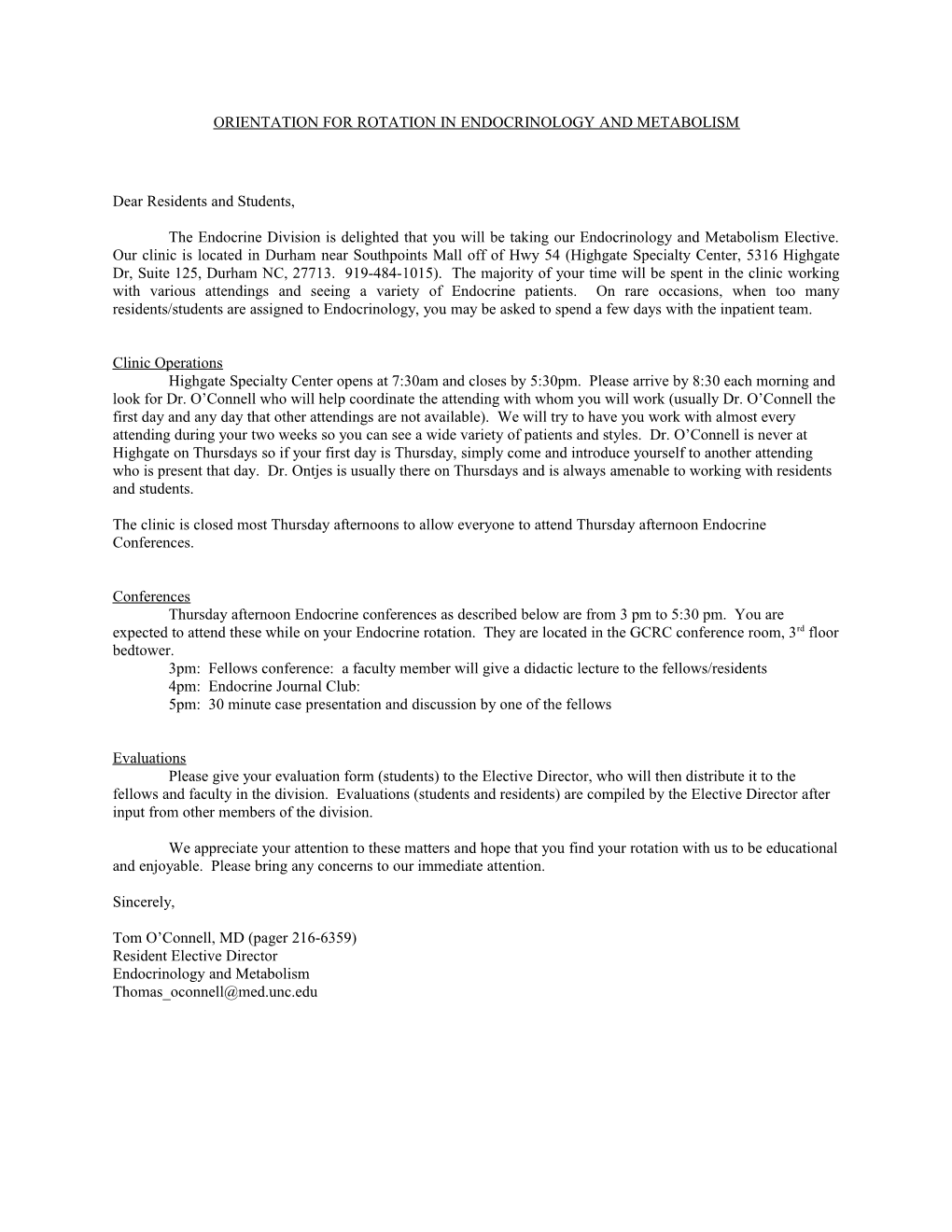 Orientation for Rotation in Endocrinology and Metabolism