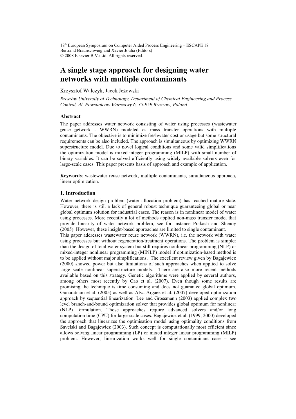 A Single Stage Approach for Designing Water Networks with Multiple Contaminants