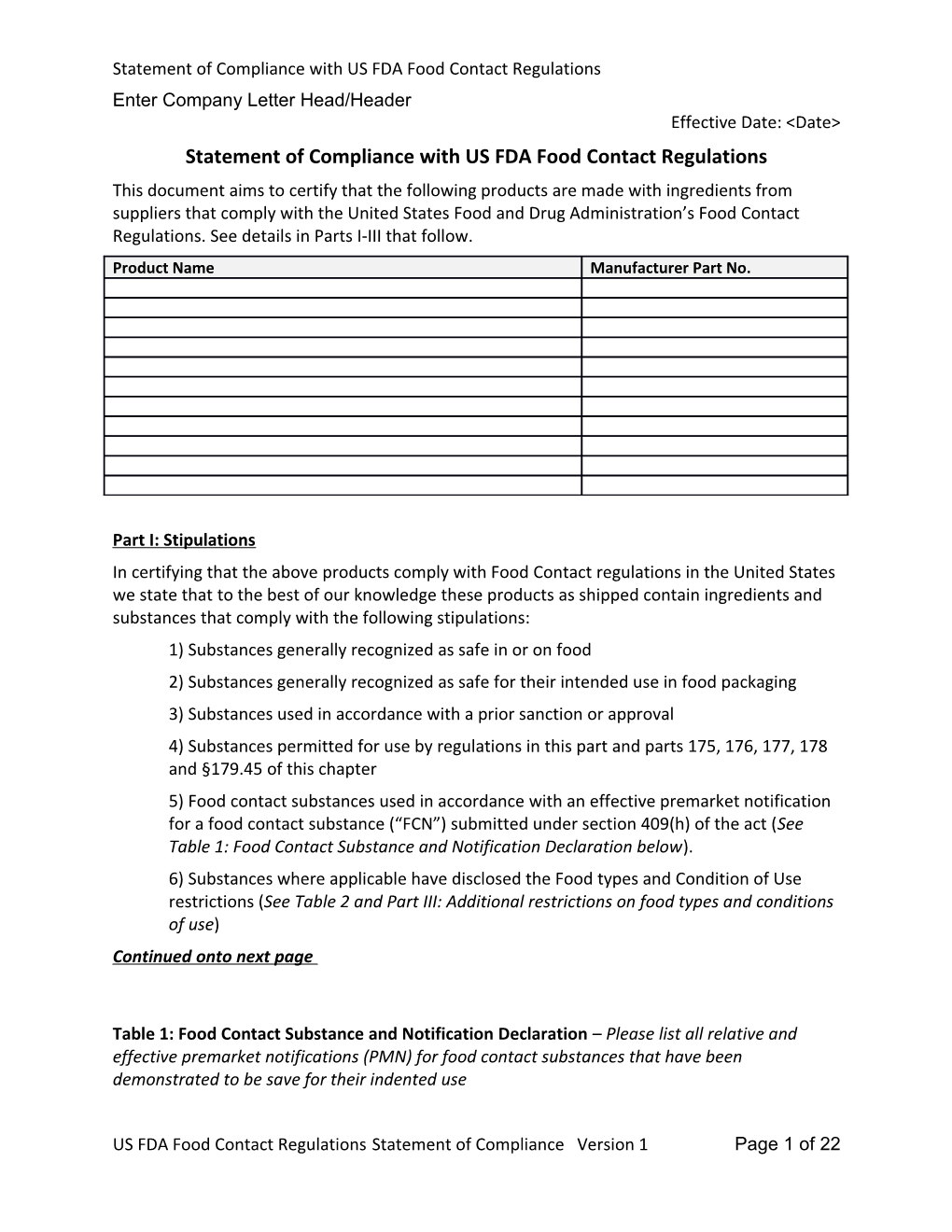 Statement of Compliance with US FDA Food Contact Regulations