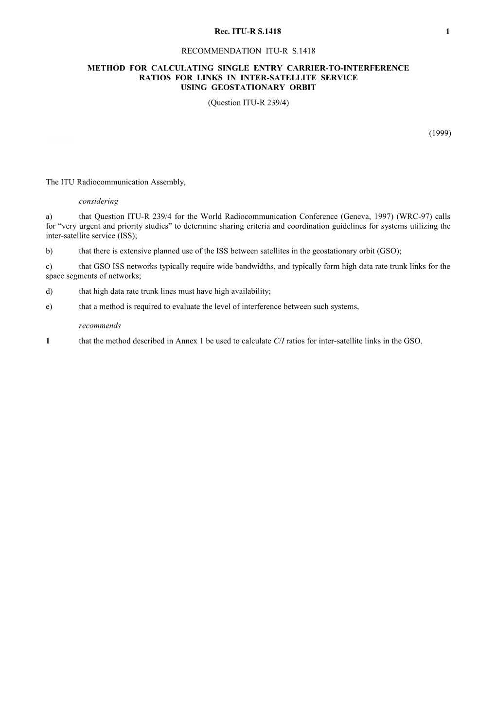 S.1418 - Method for Calculating Single Entry Carrier-To-Interference Ratios for Links In