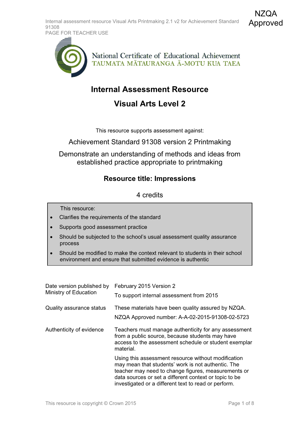 Level 2 Visual Arts Internal Assessment Resource