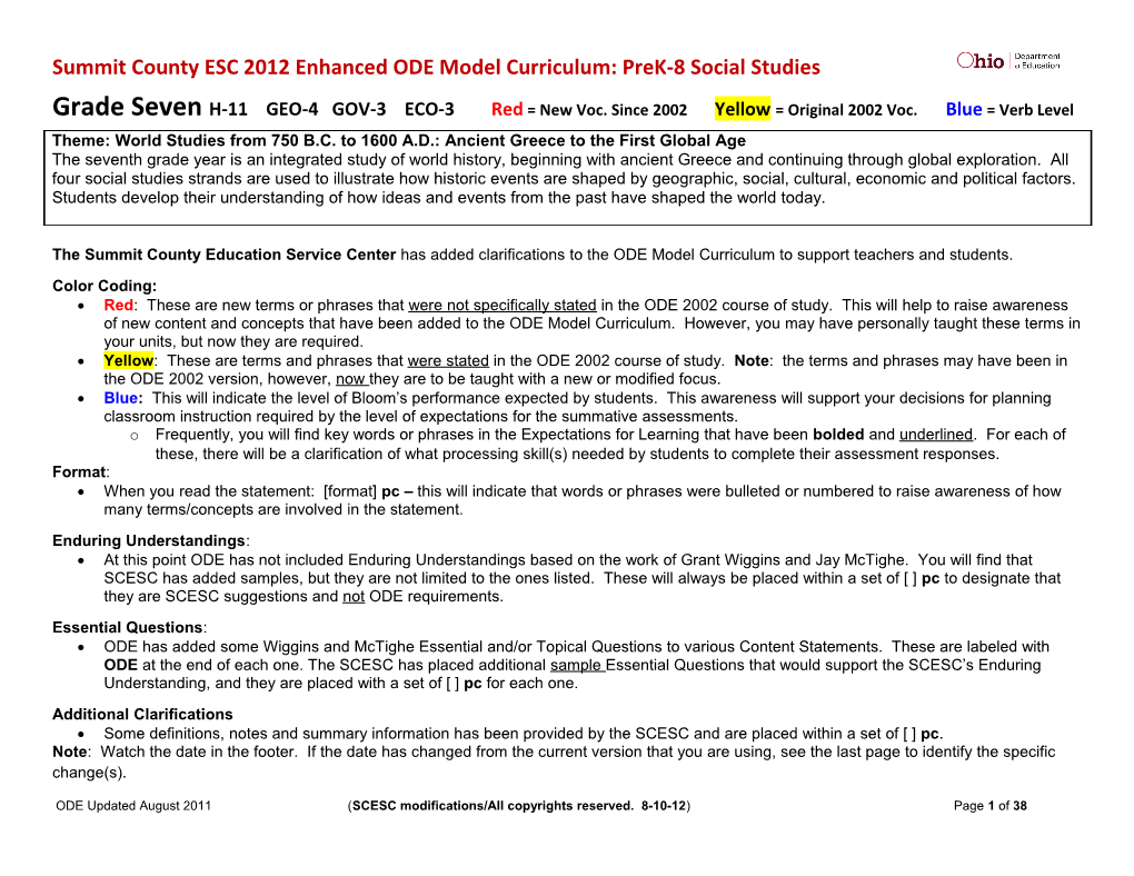 Summit County ESC 2012 Enhanced ODE Model Curriculum: Prek-8 Social Studies