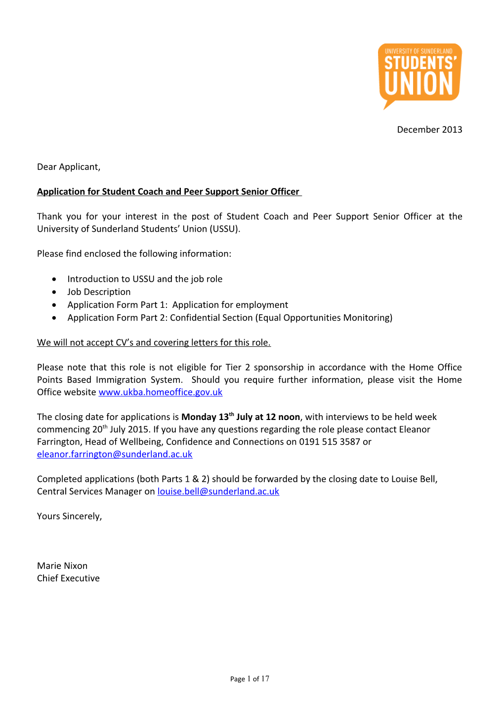 Application for Student Coach and Peer Support Senior Officer