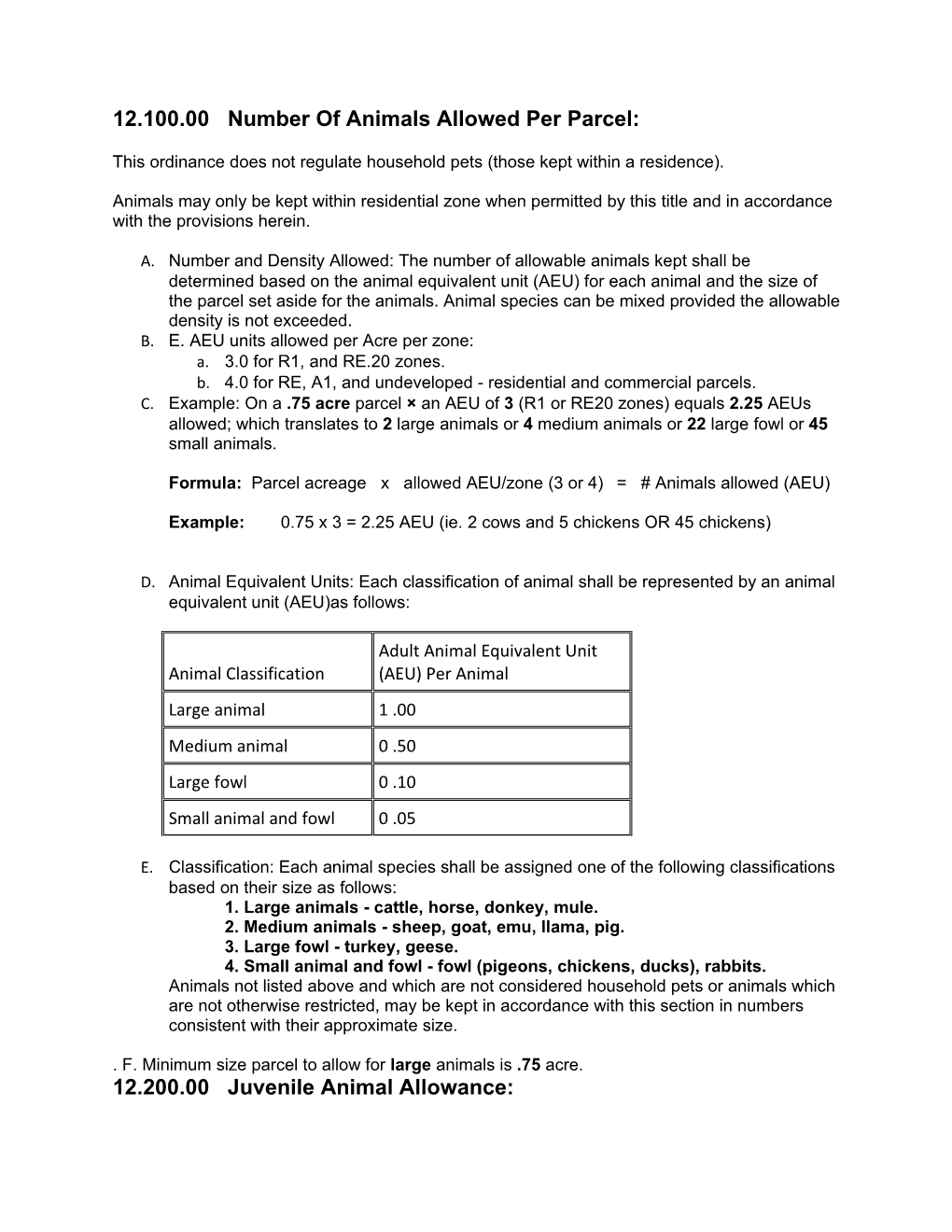 12.100.00 Number of Animals Allowed Per Parcel
