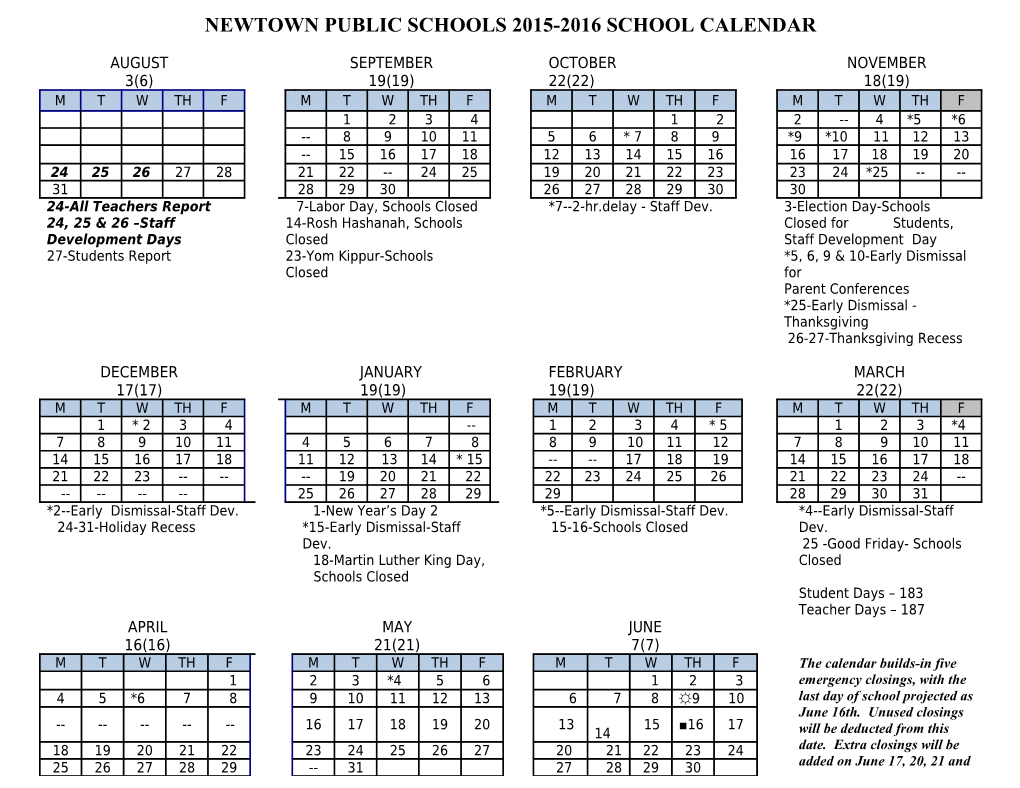 Newtown Public Schools 2011-2012 School Calendar