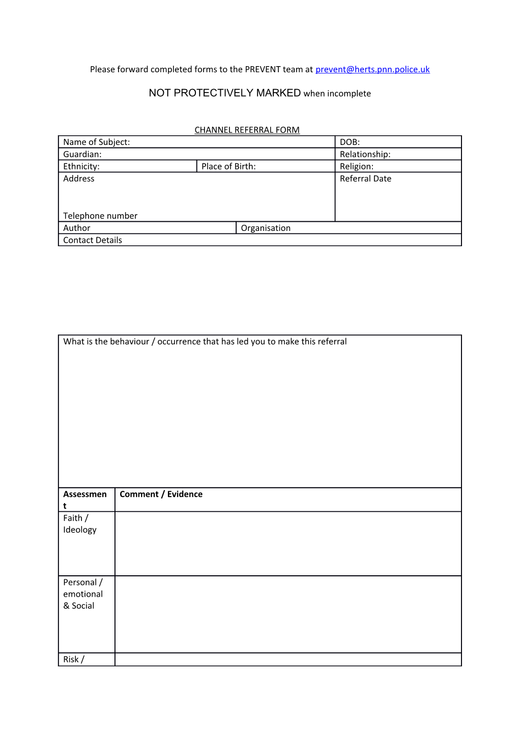 Please Forward Completed Forms to the PREVENT Team At