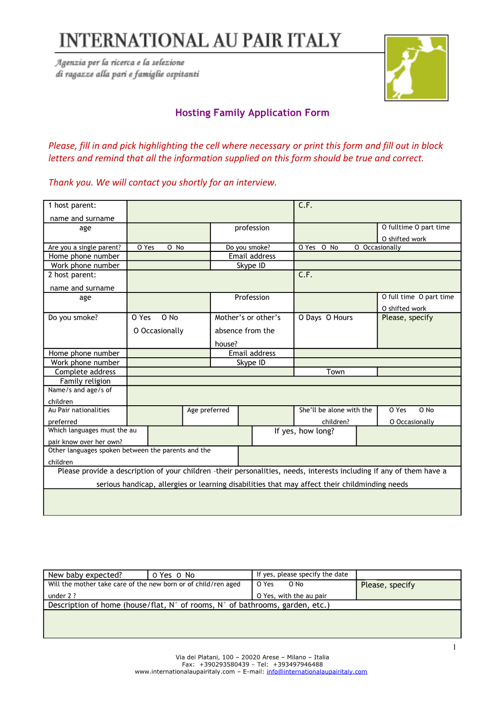 Hosting Family Application Form