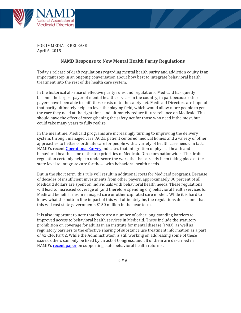 NAMD Response to New Mental Health Parity Regulations