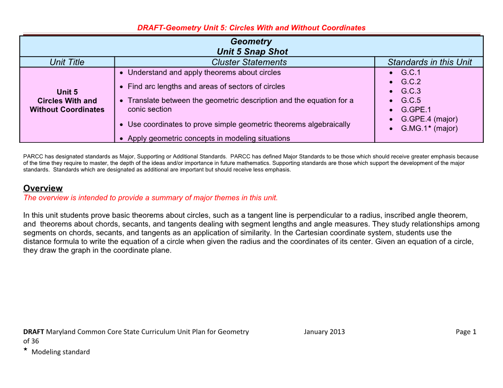 DRAFT-Geometry Unit 5: Circles with and Without Coordinates