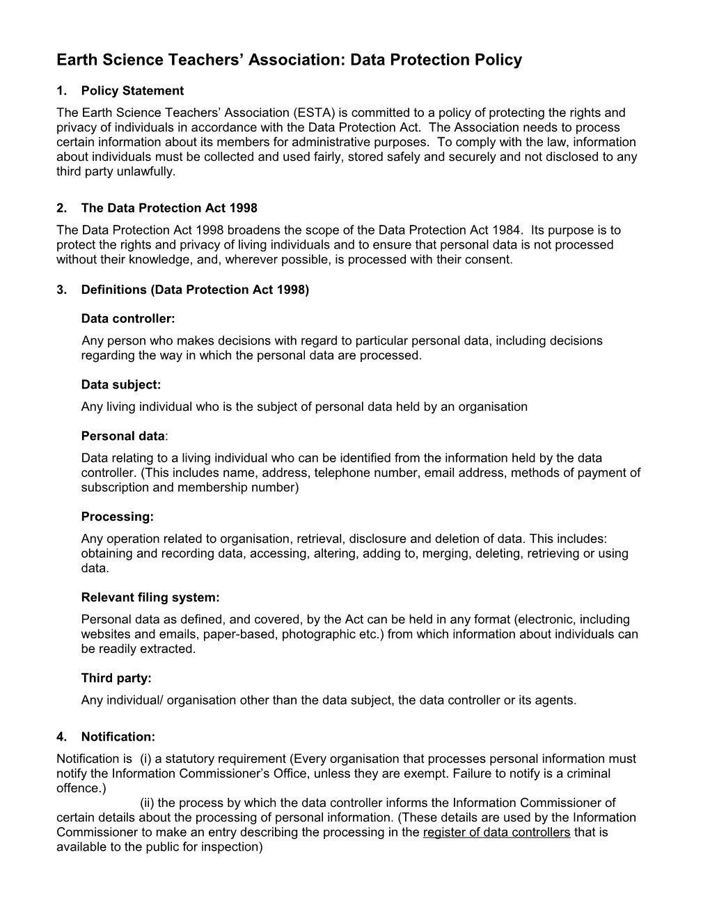 Earth Science Teachers Association: Data Protection Policy