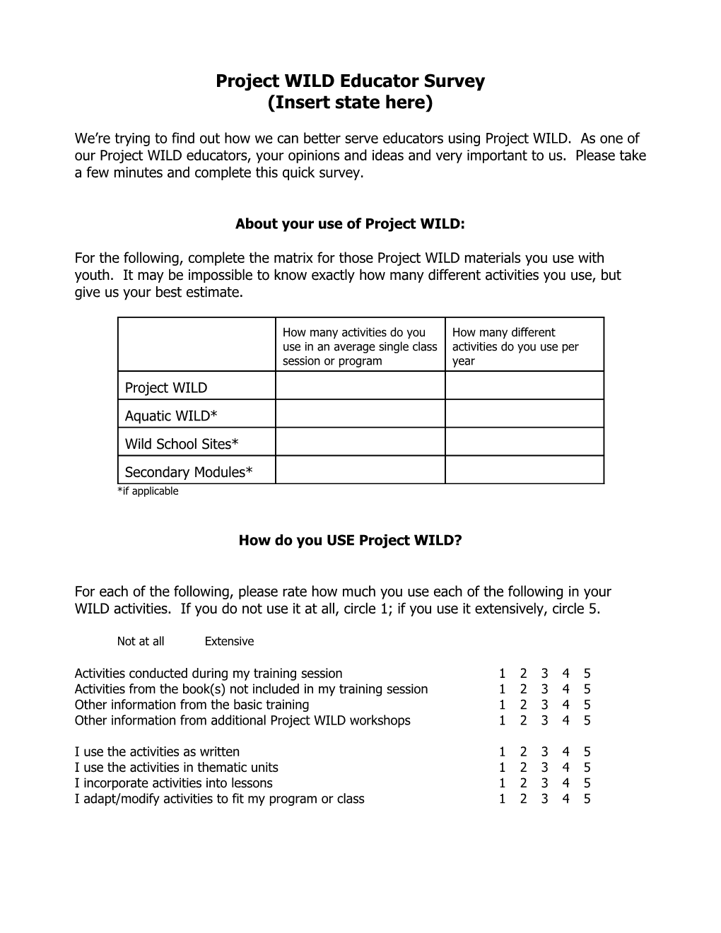 Project WILD Educator Survey