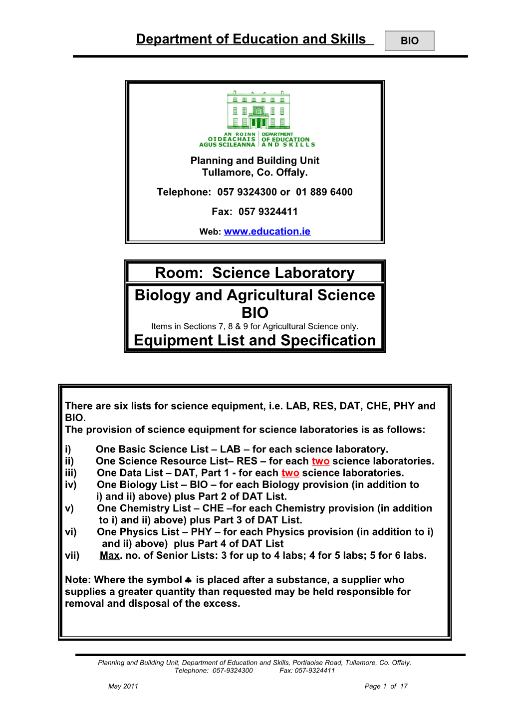 Room: Science Laboratory - Biology and Agricultural Science - B10 - Equipment List &