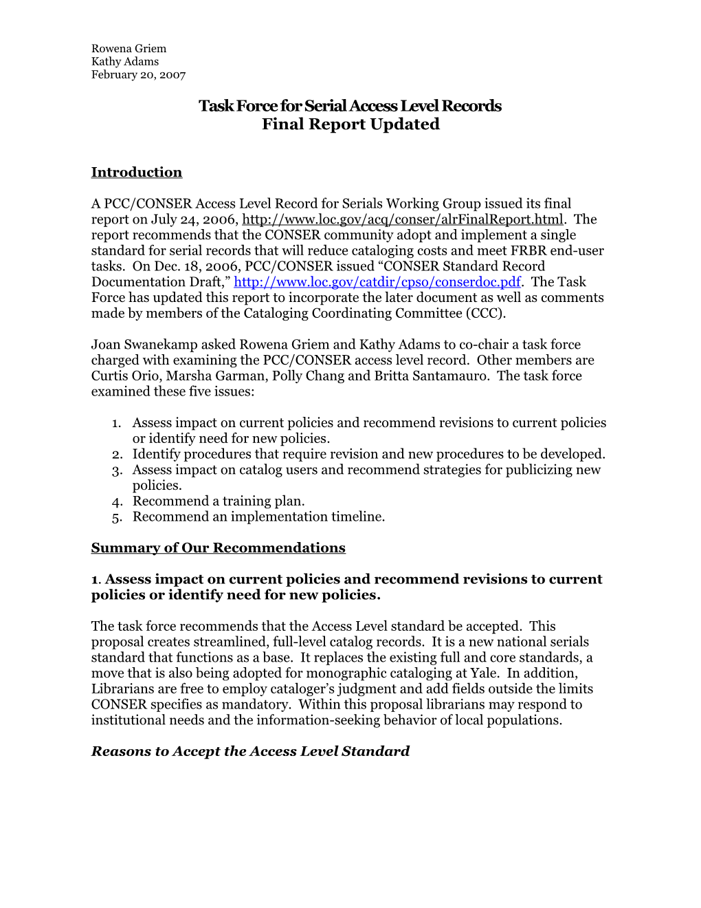 Preliminary Recommendations: Access Level Record Task Force