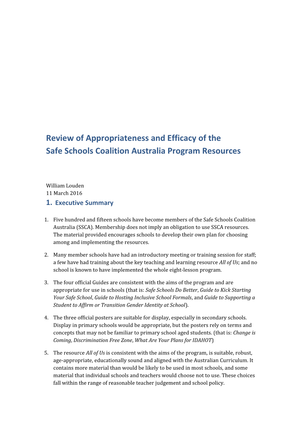 Review of Appropriateness and Efficacy of the Safe Schools Coalition Australia Program