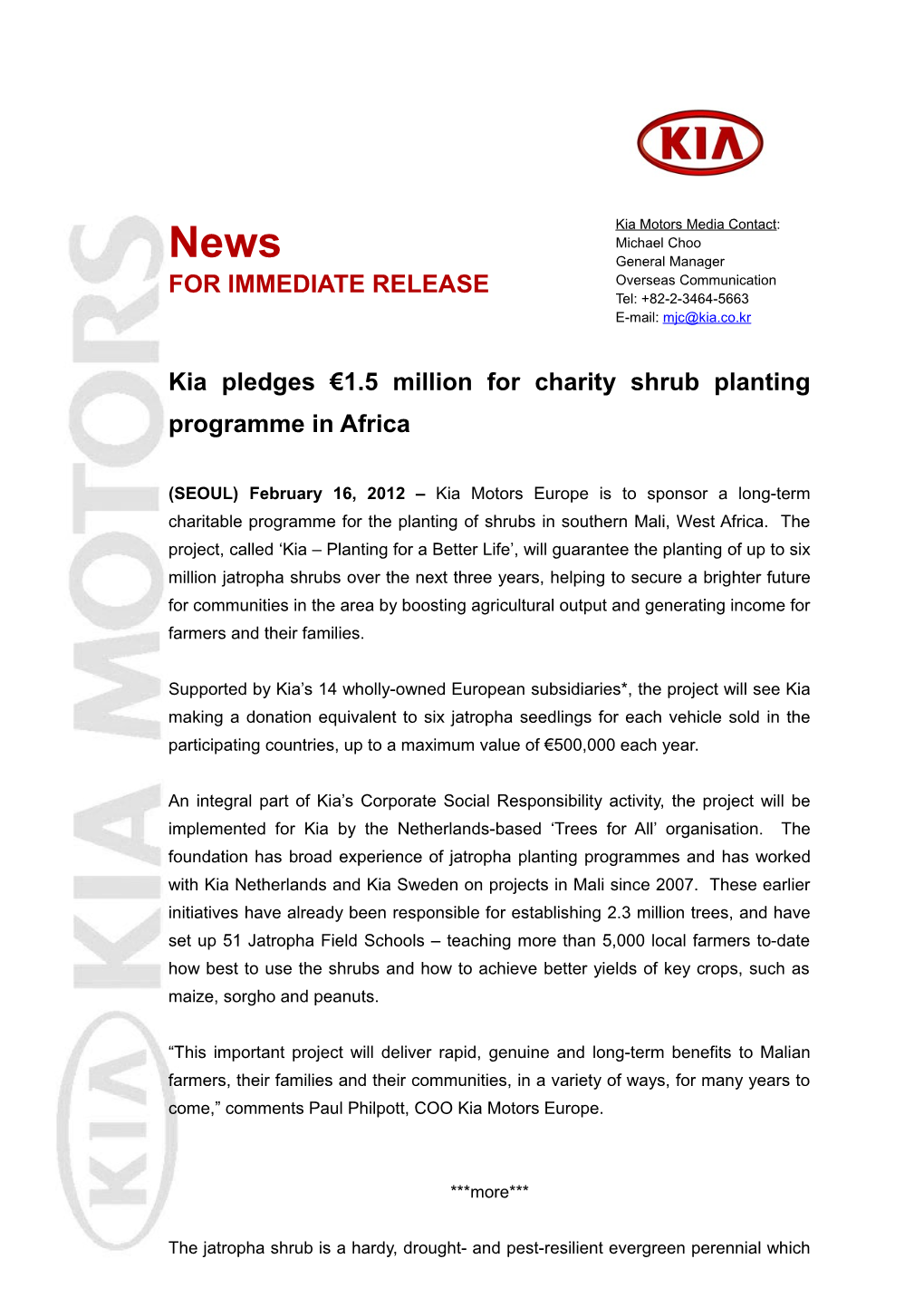 Kia Pledges 1.5 Million for Charity Shrub Planting Programme in Africa