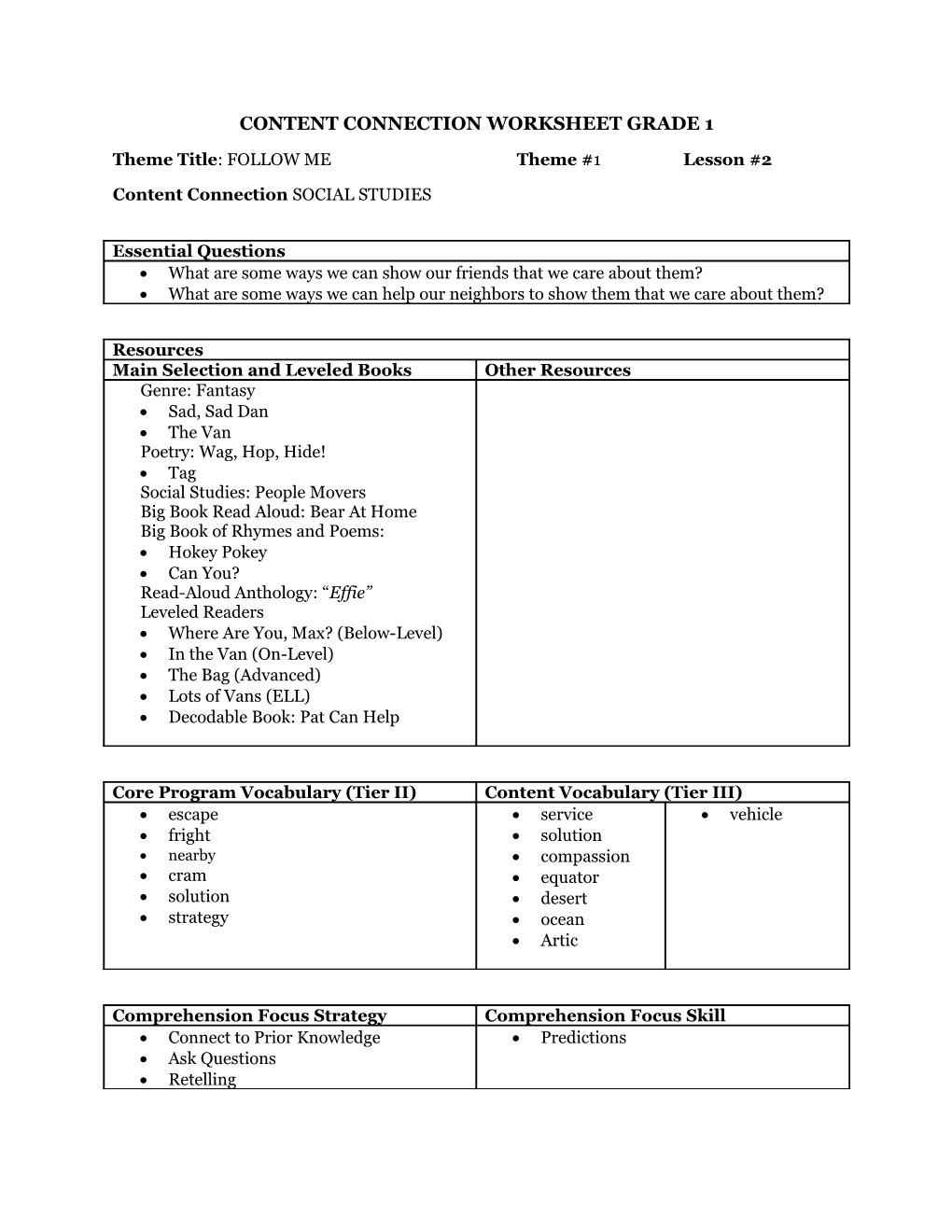 Content Connection Worksheet Grade 1