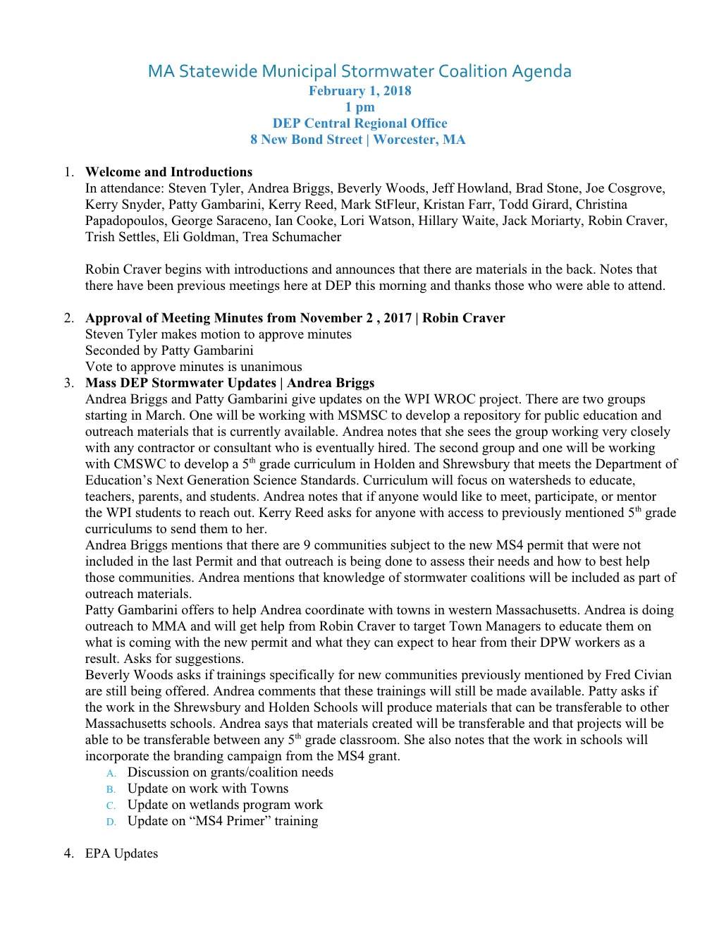 MA Statewide Municipal Stormwater Coalition Agenda