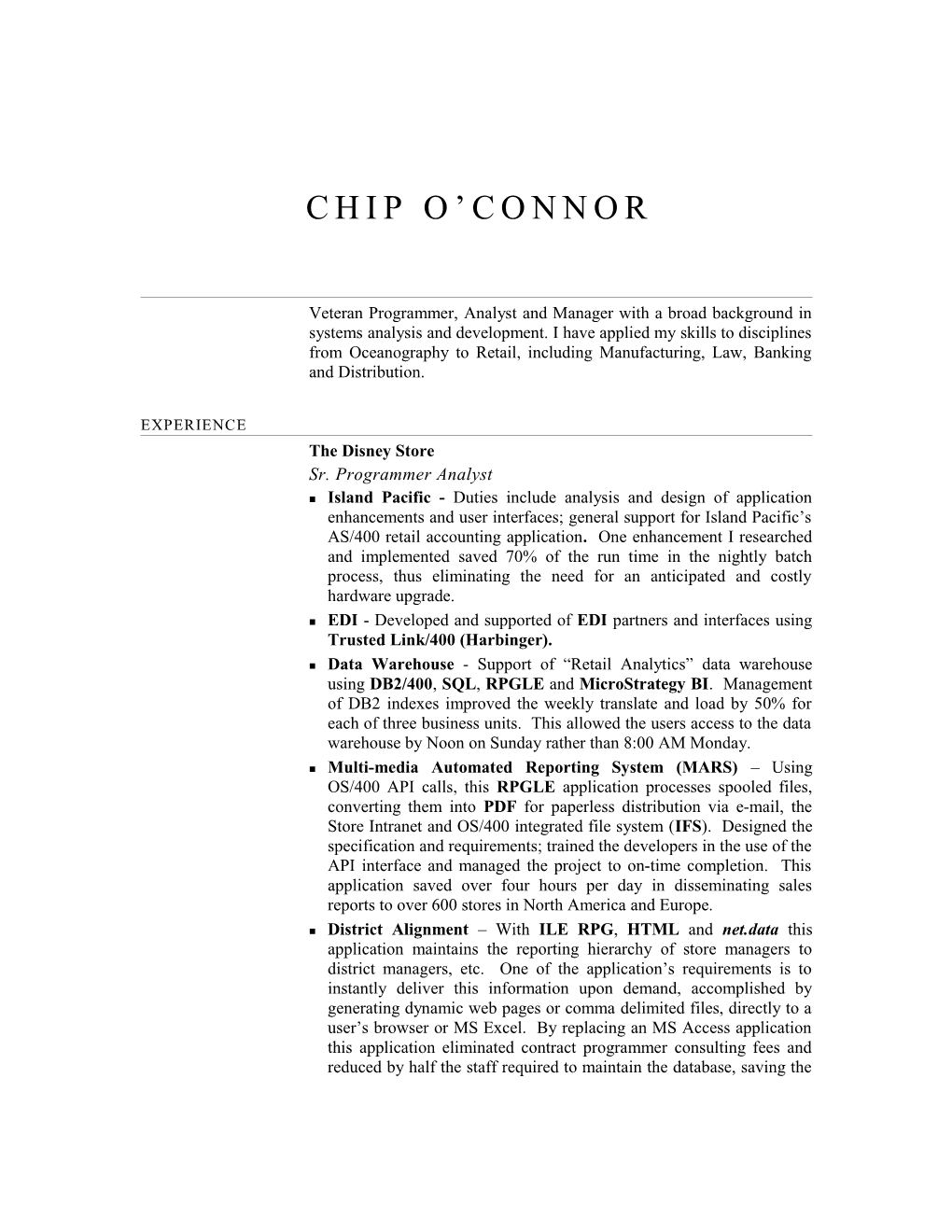 Resume of Chip O'connor