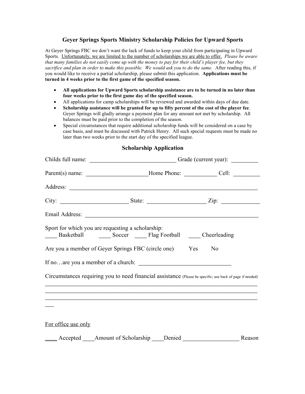 Geyer Springs Sports Ministry Scholarship Policies for Upward Sports