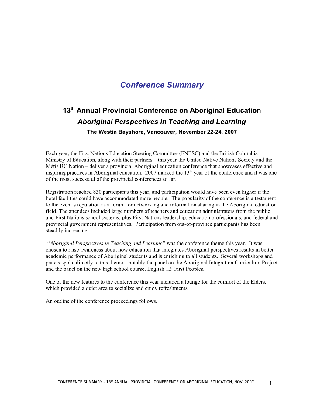 13Th Annual Provincial Conference on Aboriginal Education