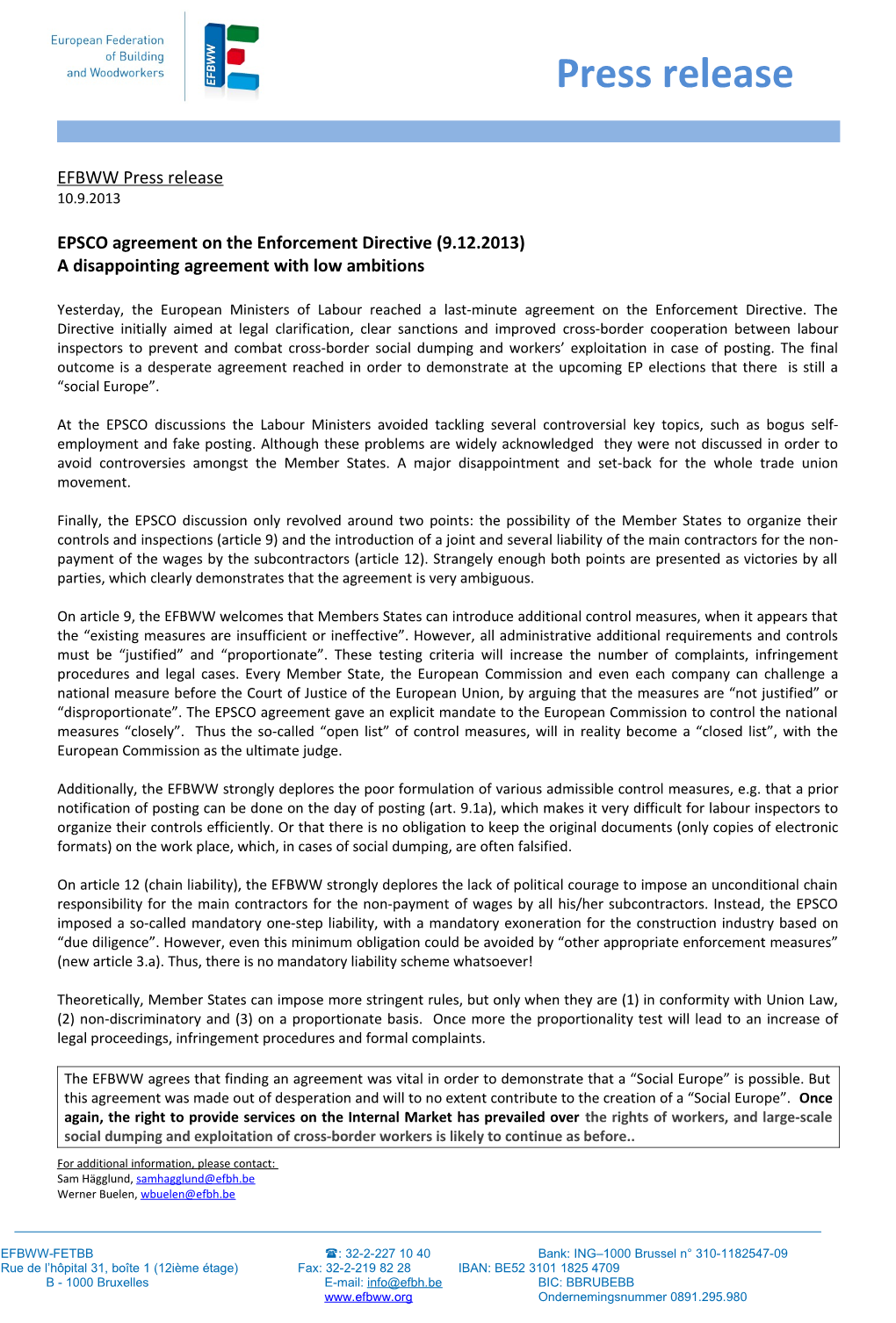EPSCO Agreement on the Enforcement Directive (9.12.2013)
