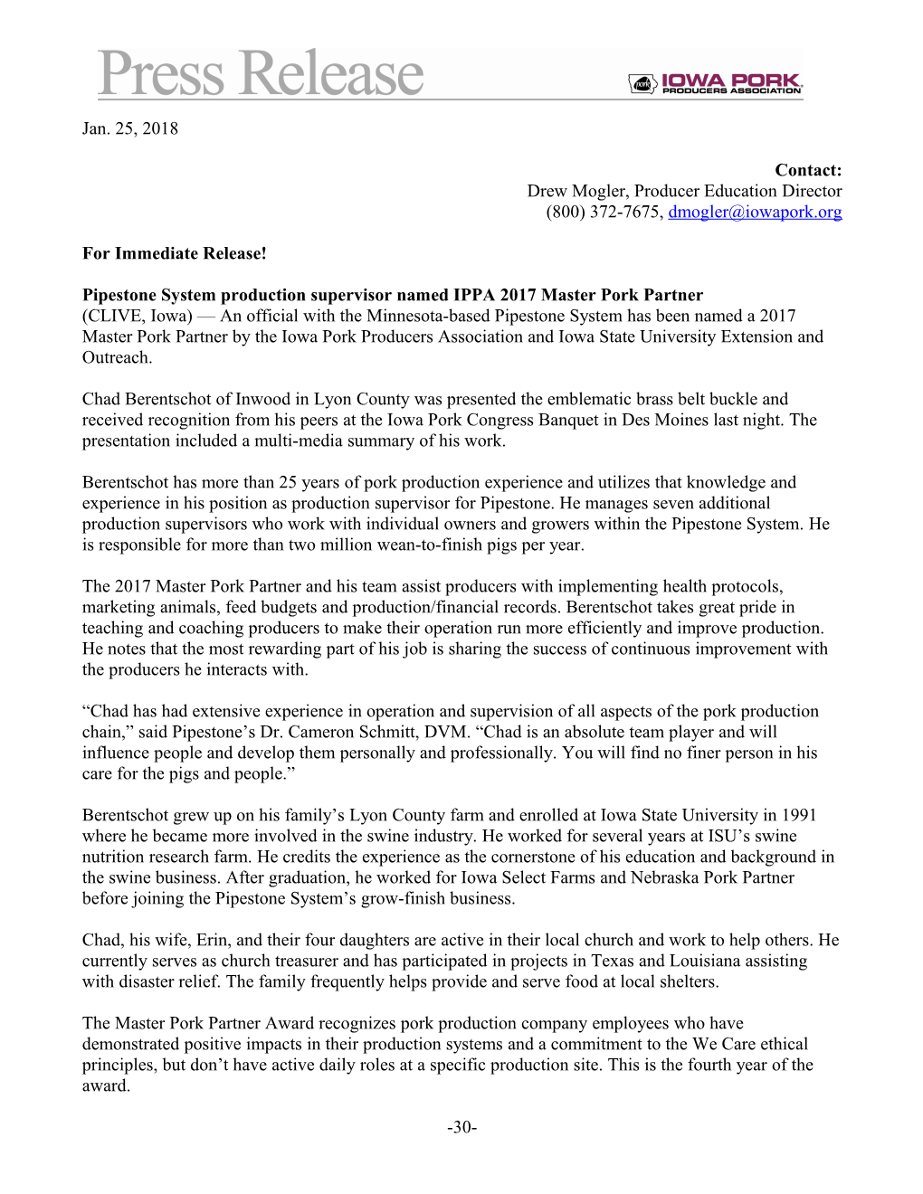 Pipestone System Production Supervisor Named Ippa2017master Pork Partner