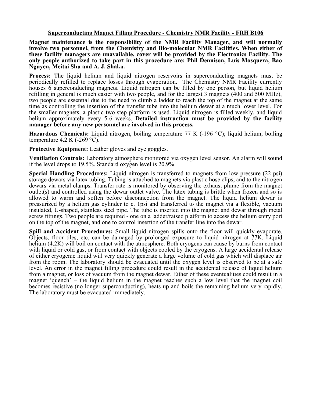 Superconducting Magnet Filling Procedure - Chemistry NMR Facility - FRH B106