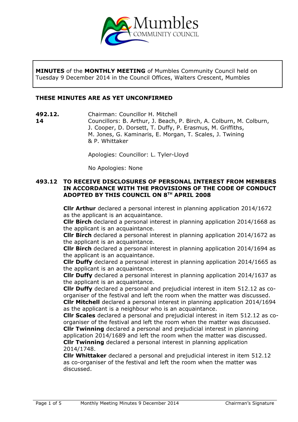 MINUTES of the December Meeting of Mumbles Community Council Held on Tuesday 13Th December