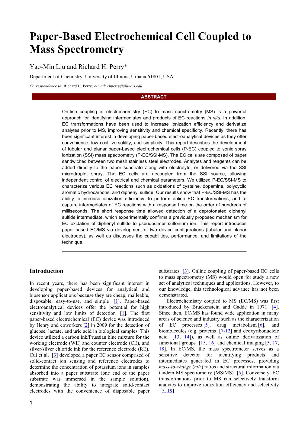 Paper-Based Electrochemical Cell Coupled to Mass Spectrometry