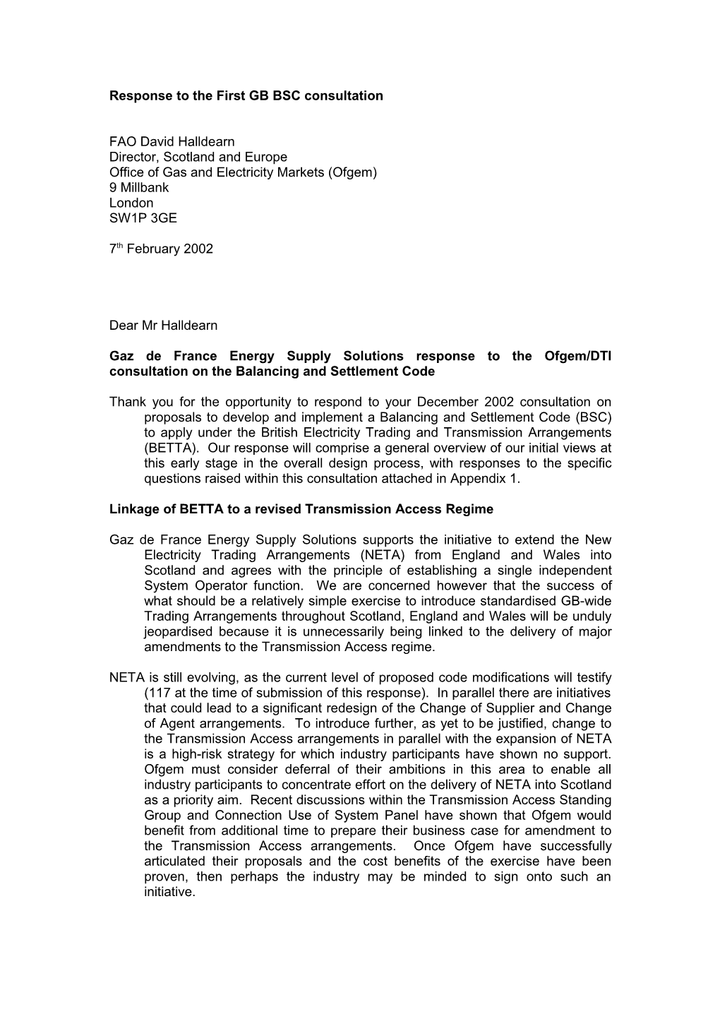 Gaz De France Response - the Balancing and Settlement Code Under BETTA Ofgem/DTI Consultation