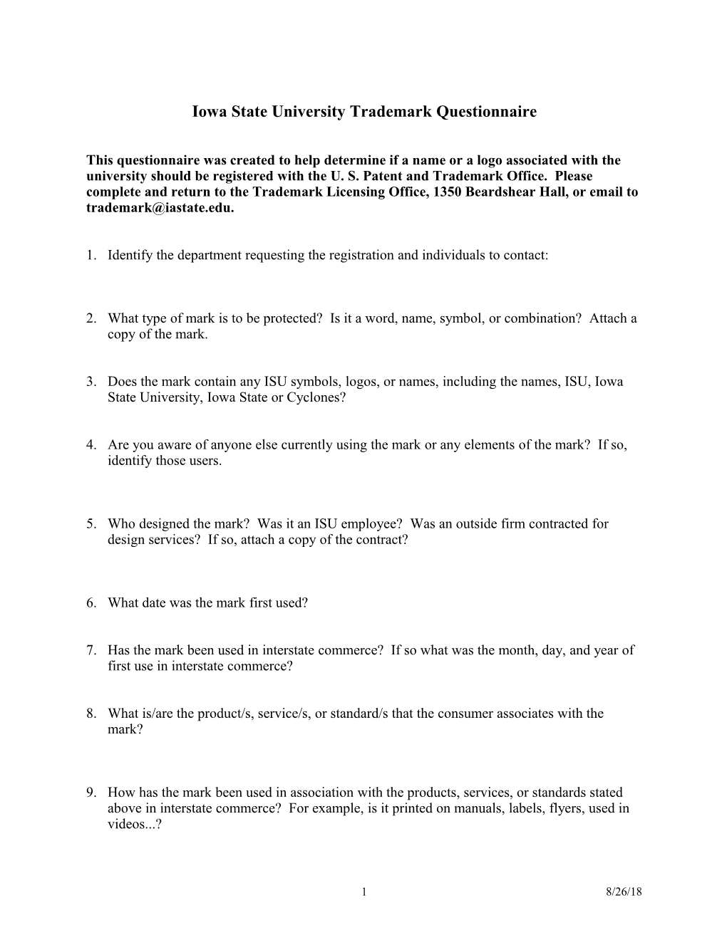 Iowa State University Trademark Questionnaire