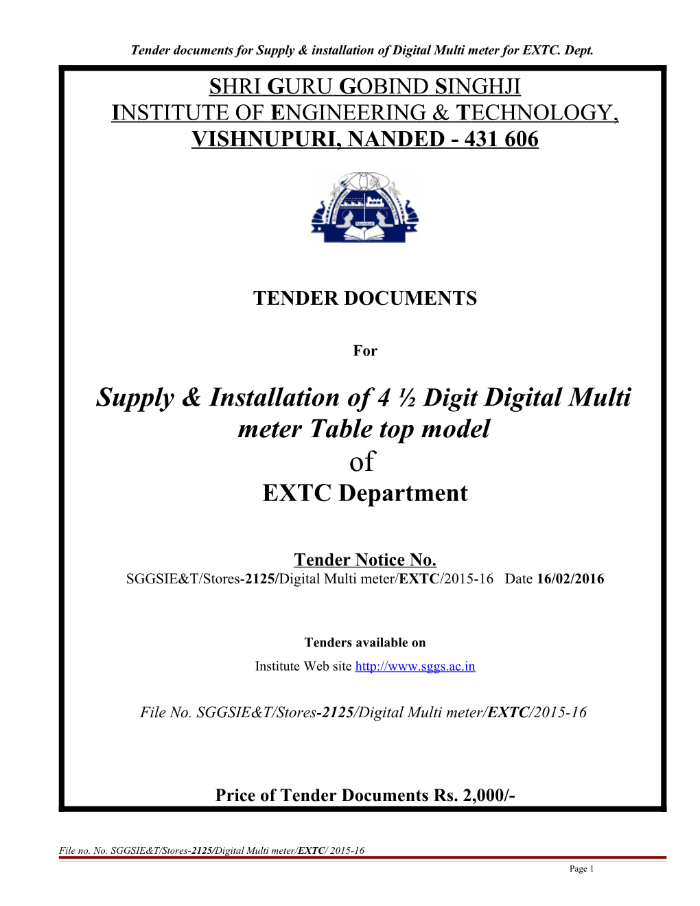 Tender Documents for Supply & Installation of Digital Multi Meter for EXTC. Dept