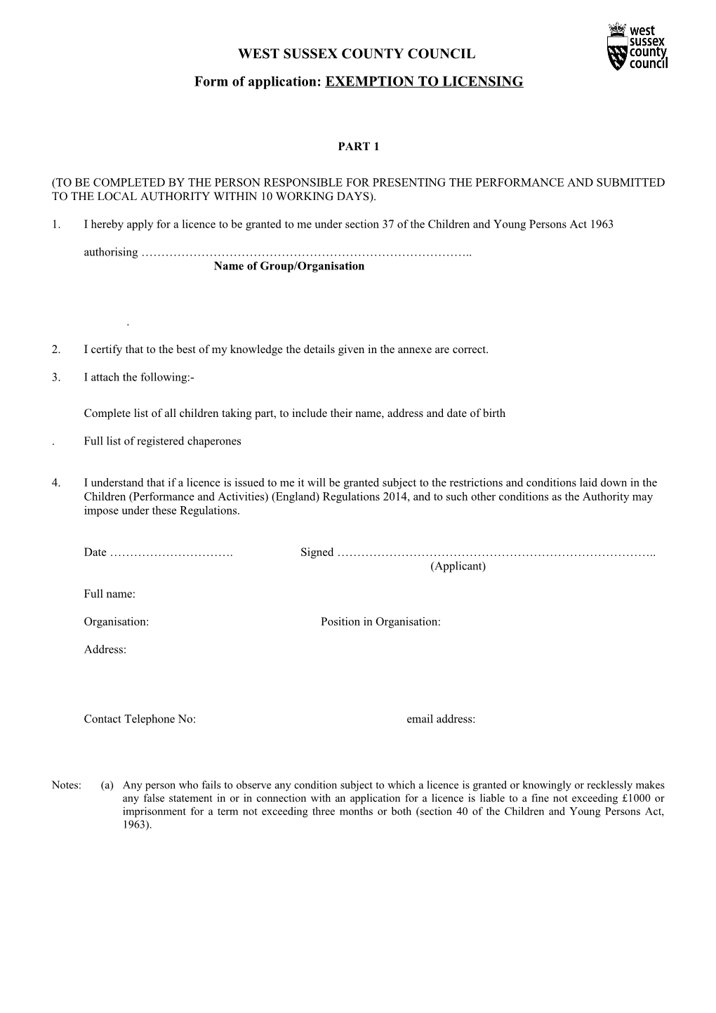 Excemption Licence Application Form