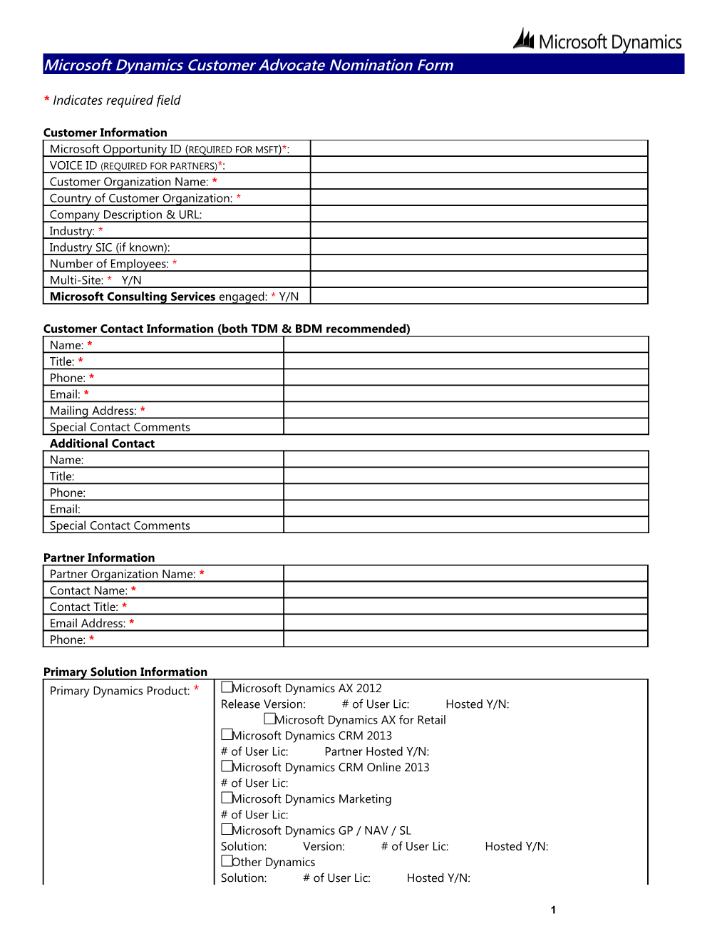 Microsoft Dynamics Customer Advocate Nomination Form